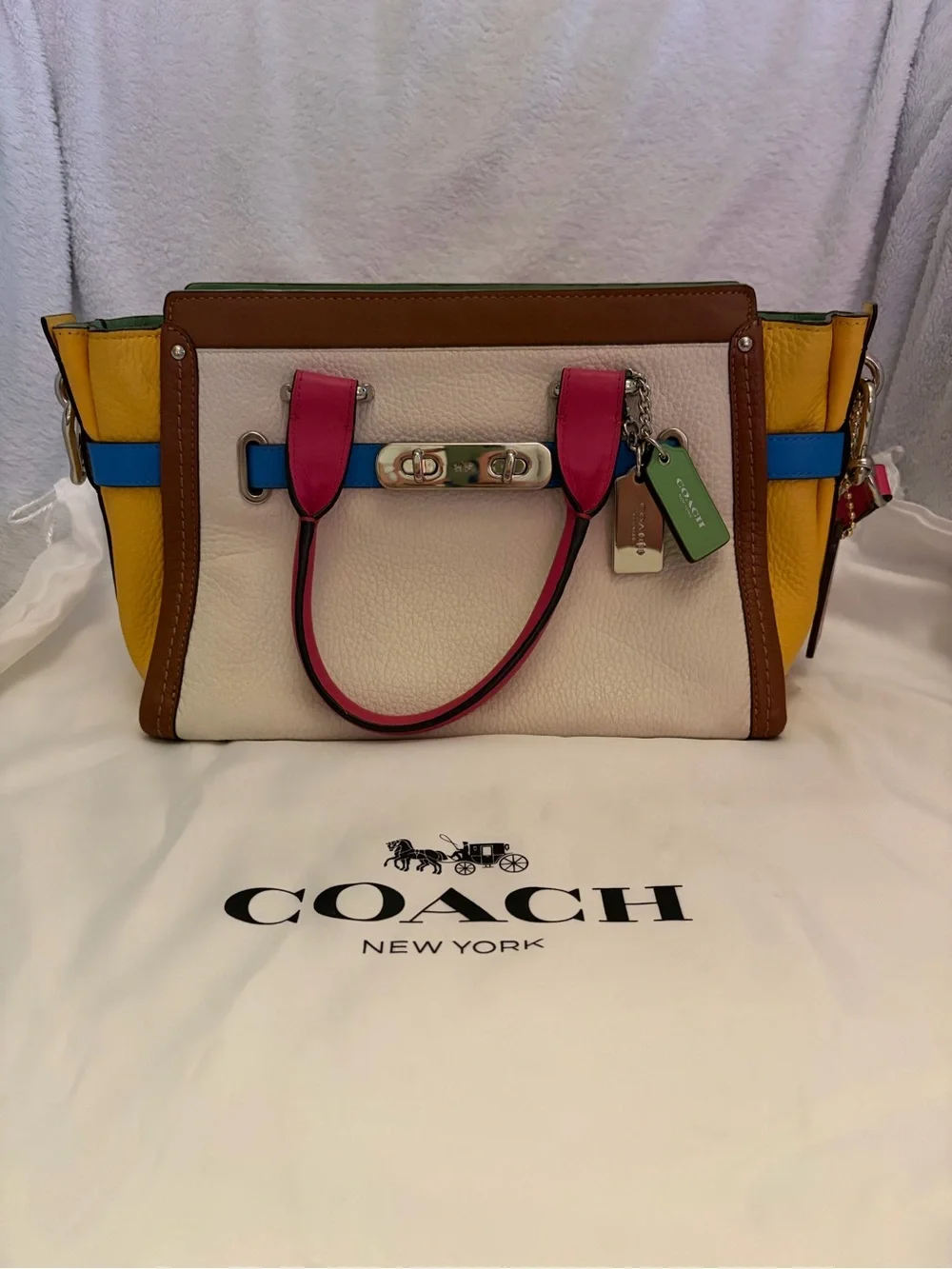 Coach Multicolor Leather Swagger Satchel — White, Yellow, Pink & Blue Trim